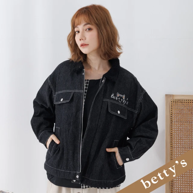 betty’s 貝蒂思 QQ毛翻領貓咪牛仔夾克(黑色)