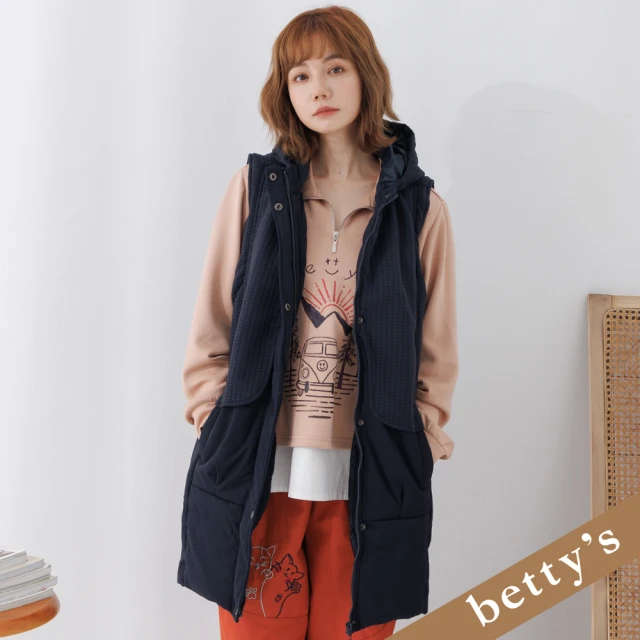 betty’s 貝蒂思betty’s 貝蒂思 格子壓紋拼接鋪棉長版連帽背心(深藍色)