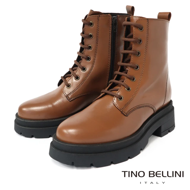 TINO BELLINI 貝里尼 義大利進口牛皮綁帶側拉鍊厚底短筒靴FWMT004(棕)