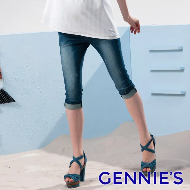 【Gennies 奇妮】率性刷色造型一體成型牛仔七分褲(藍/藍白點G4513)