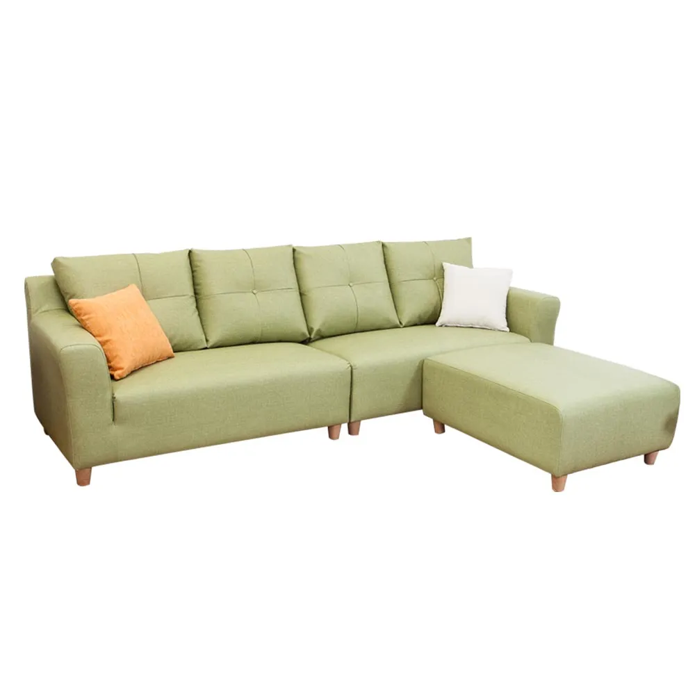 【BODEN】班森L型綠色貓抓布紋皮沙發(四人座+腳椅/送抱枕)