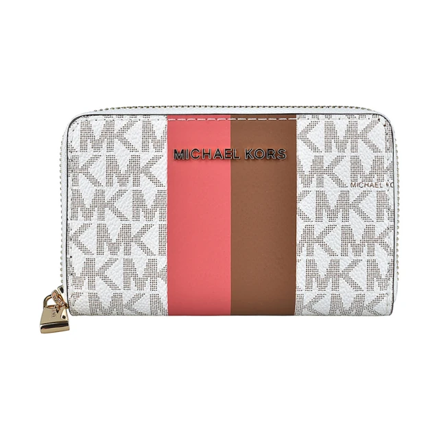 Michael Kors MK MICHAEL KORS金屬字母LOGO印花雙色條紋設計PVC 4卡拉鏈卡零錢包(大麗花白x粉棕條紋)