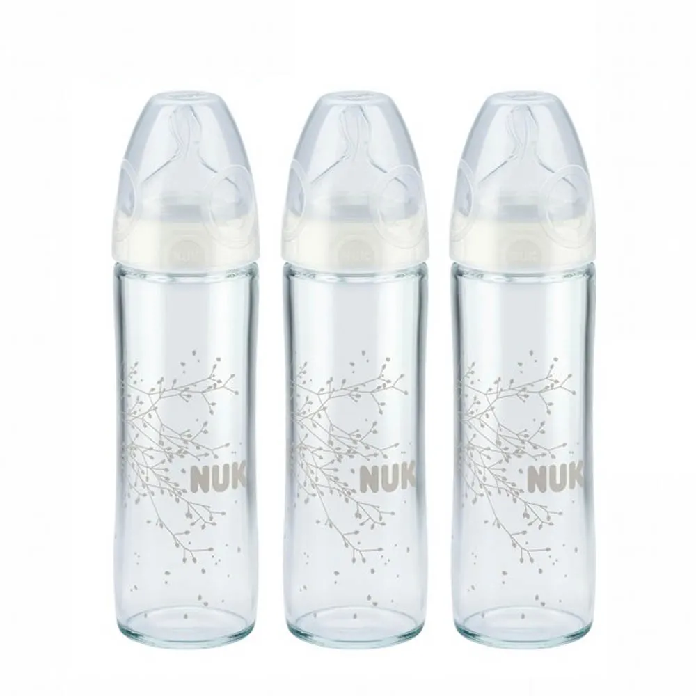 【NUK 官方直營】輕寬口徑玻璃奶瓶240ml-3入組-附2號中圓洞矽膠奶嘴