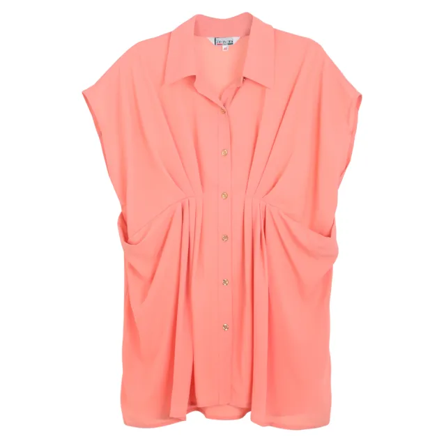 【Gennies 奇妮】春色立體壓褶修身排扣襯衫上衣(粉橘C3702)