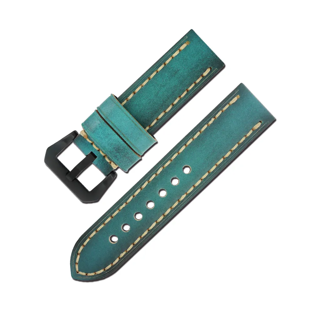 【Watchband】各品牌通用經典復刻柔軟加厚款真皮錶帶(藍綠色)