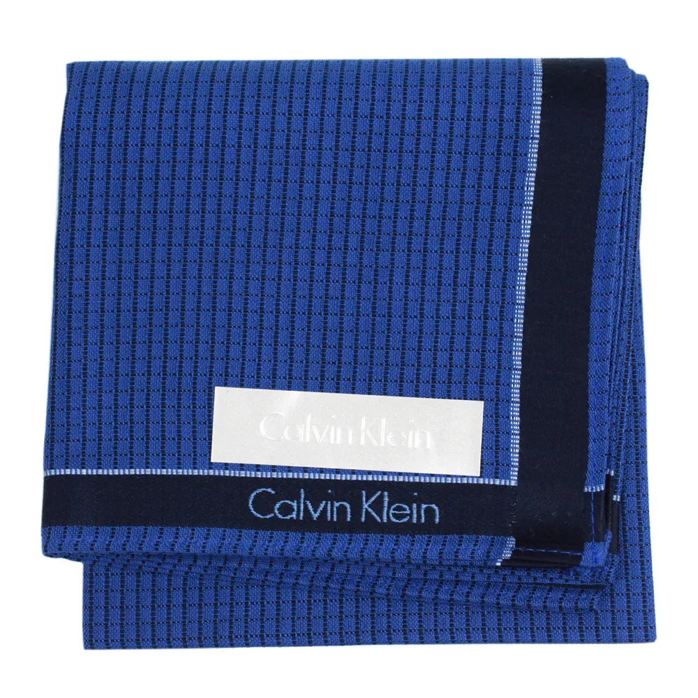 【Calvin Klein】紳士款細格紋方型帕領巾(深藍)