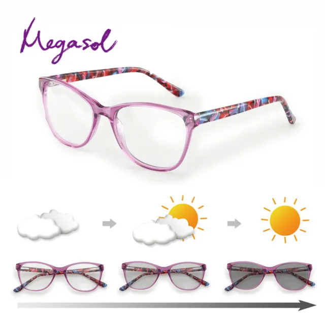 【MEGASOL】年輕文青大框中性淑女老花眼鏡變色墨鏡太陽眼鏡(日式彩色印花架紫框-BS100-PUP)
