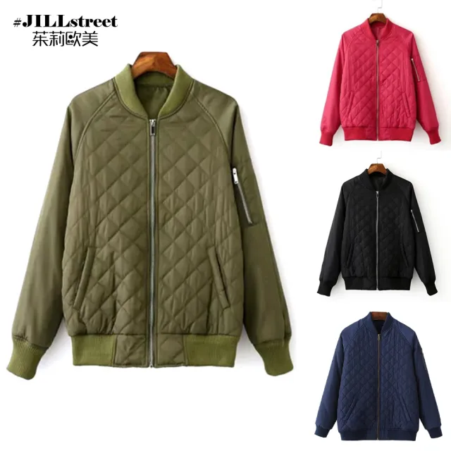 【茱莉歐美#JILLSTREET】菱格紋飛行外套-M/L/XL(黑/軍綠/紅/丈青)