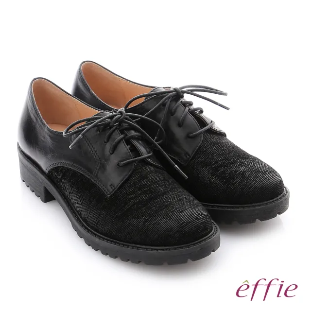 【effie】個性美型 仿麂皮絨拼接牛皮休閒鞋(黑)