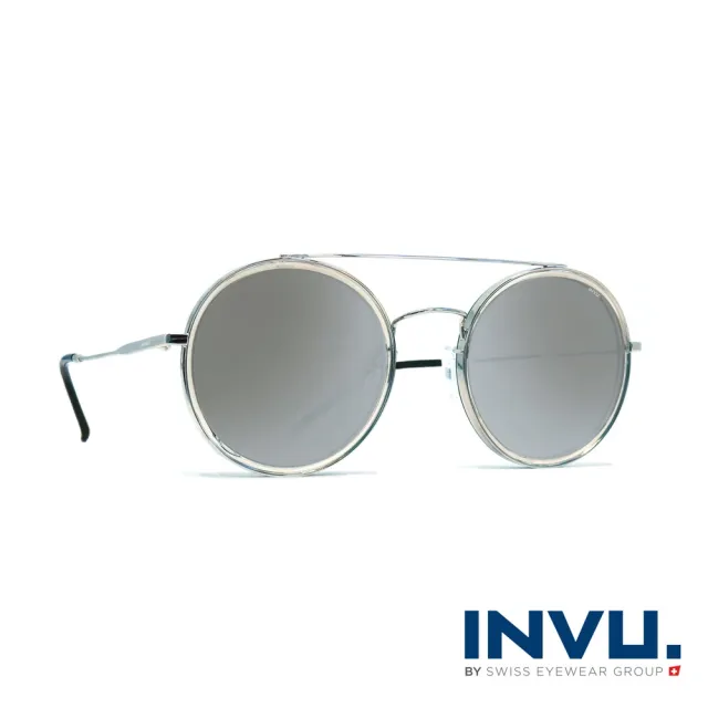 【INVU瑞士】來自瑞士濾藍光偏光復古雙樑圓框太陽眼鏡(銀灰 T1954A)