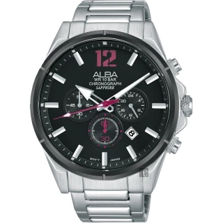 【ALBA】雅柏 ACTIVE 活力運動三眼計時手錶-黑x銀/43mm(VD53-X297D  AT3D31X1)