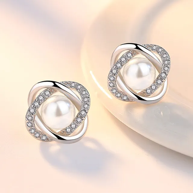 【Emi 艾迷】韓國925銀針華麗鋯石珍珠揉合耳環