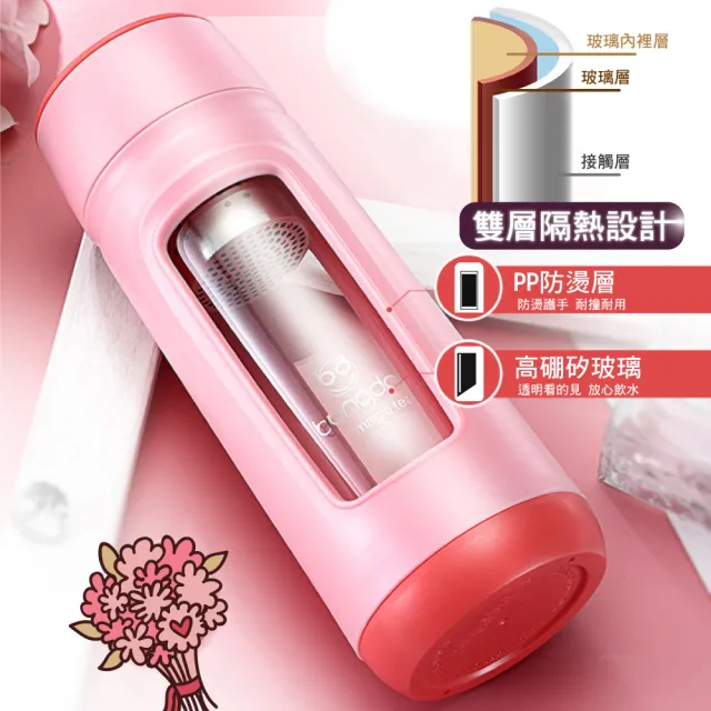 【G+ 居家】濾茶隨身瓶玻璃壺泡茶杯(320ml- 甜蜜粉)