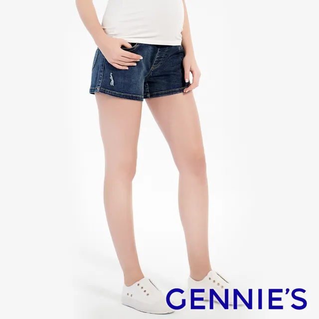 【Gennies 奇妮】微破感撞色牛仔短褲-藍/深藍(孕婦褲 牛仔褲 前後口袋 一體成型 無痕褲頭)