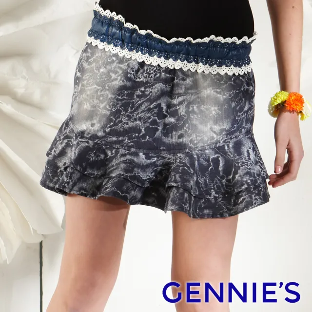 【Gennies 奇妮】水洗牛仔荷葉裙襬一體成型短裙(深灰G4110)