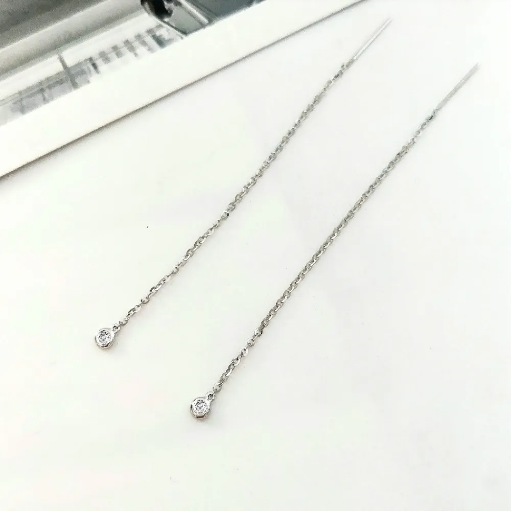 【Eli Jewelry】義大利進口正14K金 精緻經典單鑽垂墜式純14K白金耳環 耳鍊(附精美禮盒 金飾保證卡)