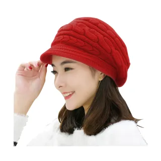 【幸福揚邑】麻花針織毛線帽防風保暖加絨貝蕾帽兔毛帽(紅)