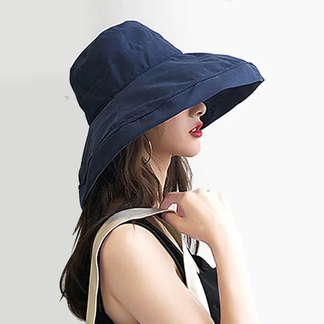 【幸福揚邑】超大帽檐防曬抗UV可捲摺桃絨遮陽帽(深藍、紅、粉)