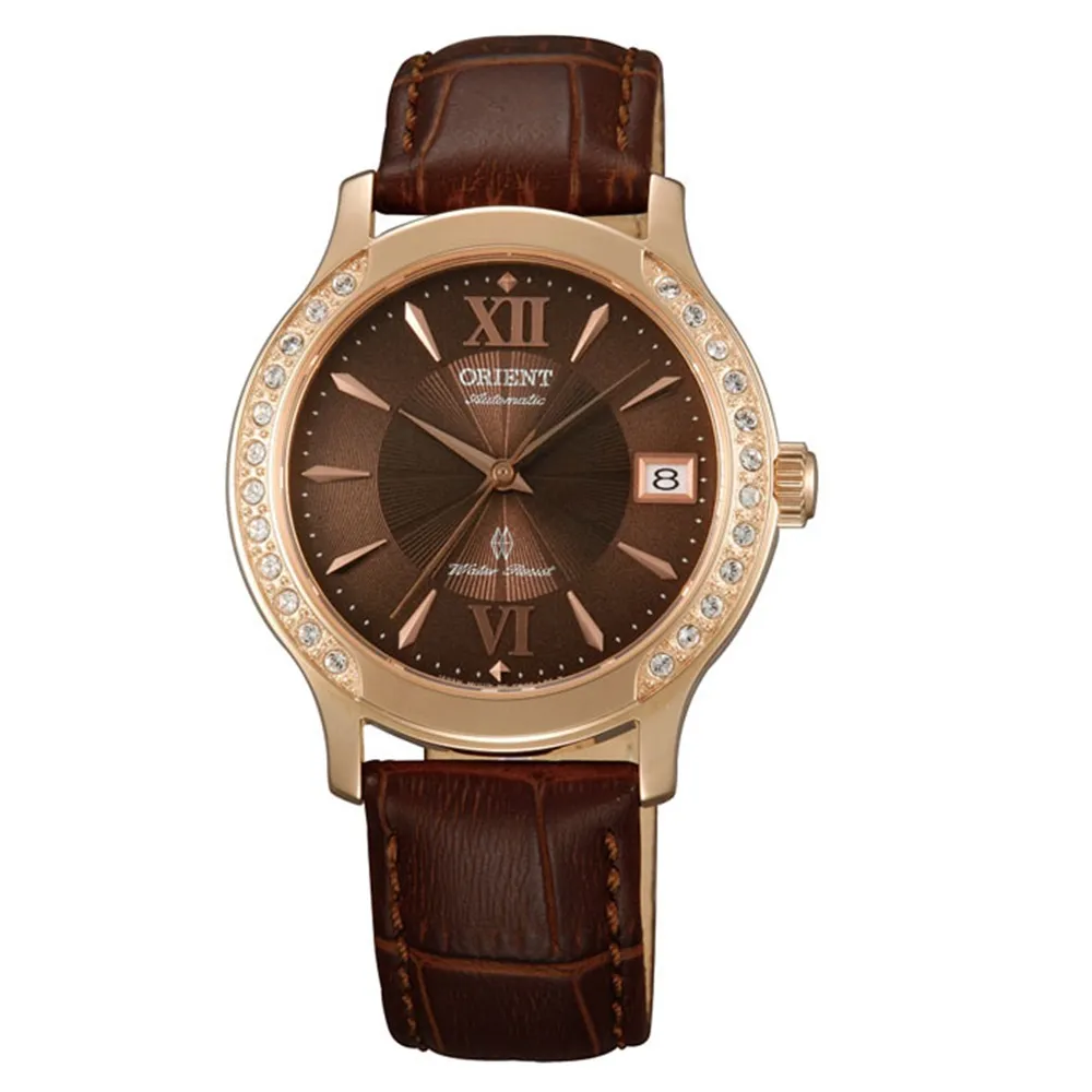 【ORIENT 東方錶】ELEGANT系列 優雅鑲鑽機械錶 皮帶款  咖啡色 - 36mm(FER2E001T)