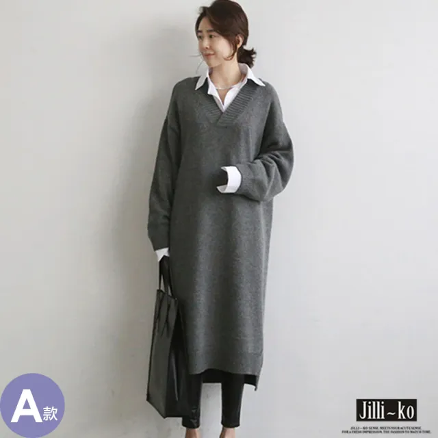 【JILLI-KO】韓版V領加厚針織洋裝長裙連衣裙-F(多款任選)