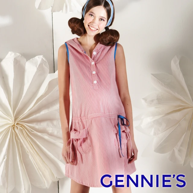 【Gennies 奇妮】甜美女孩細條紋連帽無袖洋裝(紅/黑綠灰G1109)