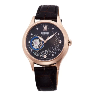 【ORIENT 東方錶】HAPPY STREAM系列 藍月奇蹟鏤空機械錶 皮帶款 玫瑰金 - 36mm(RA-AG0017Y)