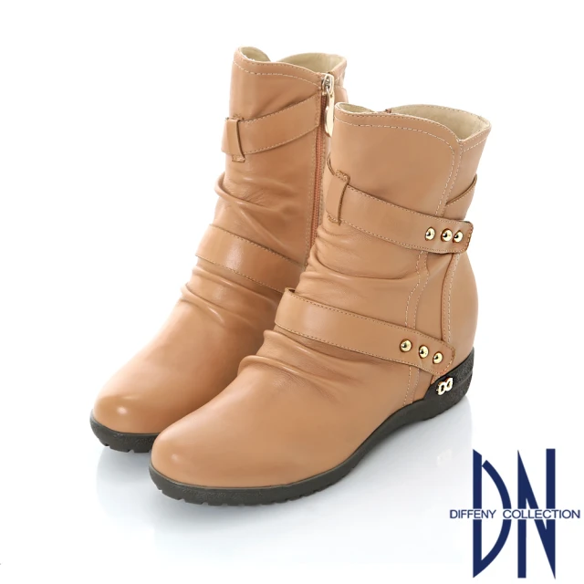 【DN】俐落率性 羊皮皮帶交織造型中筒靴(駝)
