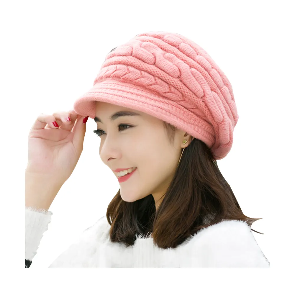 【幸福揚邑】麻花針織毛線帽防風保暖加絨貝蕾帽兔毛帽(粉紅)