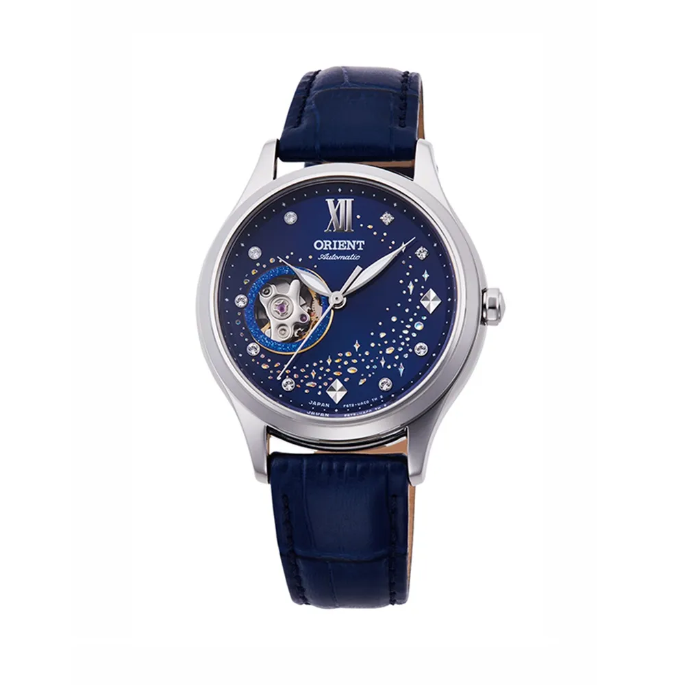 【ORIENT 東方錶】HAPPY STREAM系列 藍月奇蹟鏤空機械錶 皮帶款 藍色 - 36mm(RA-AG0018L)
