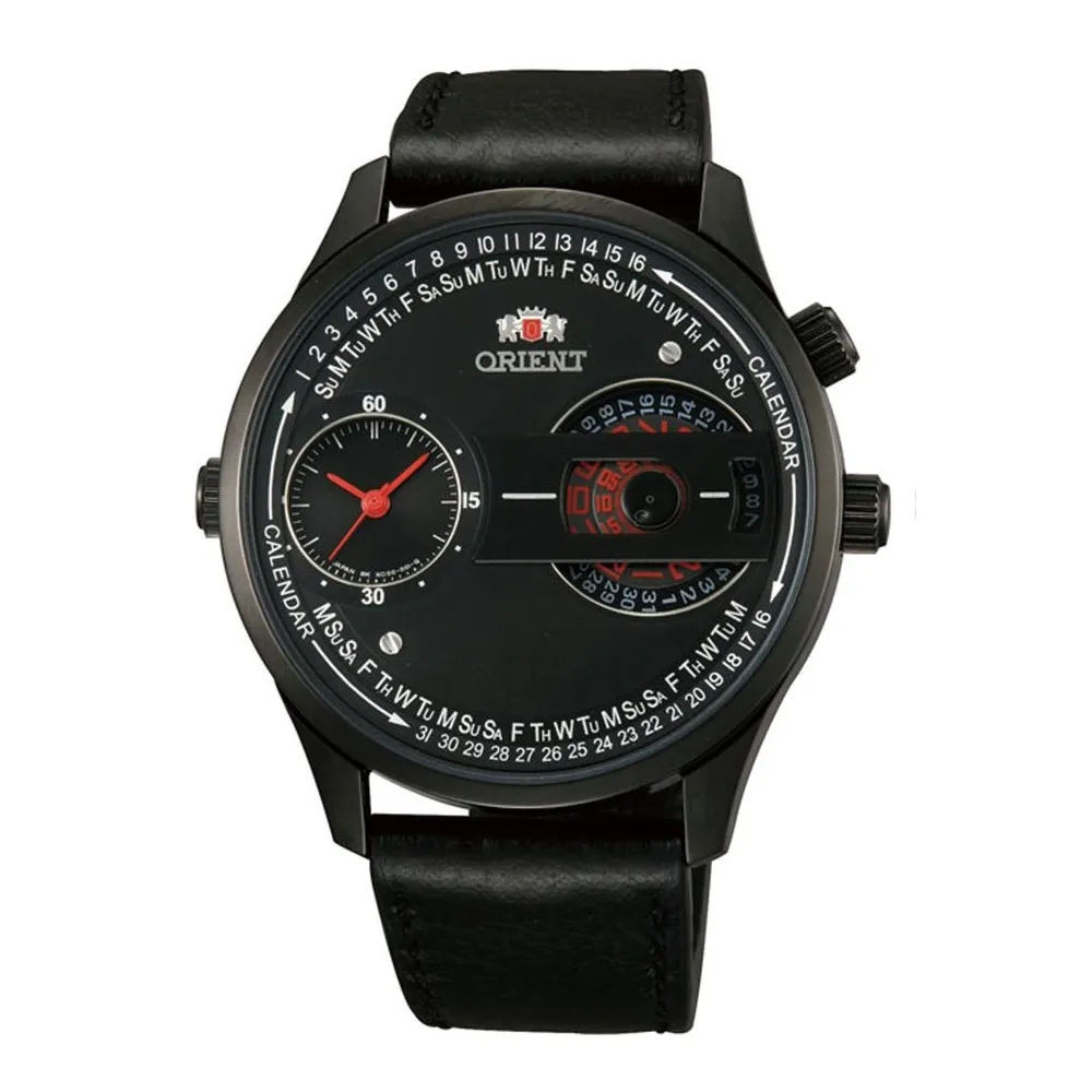 【ORIENT 東方錶】DUAL系列 雙時鏤空造型腕錶 皮帶款 黑色 - 43mm(FXC00002B)