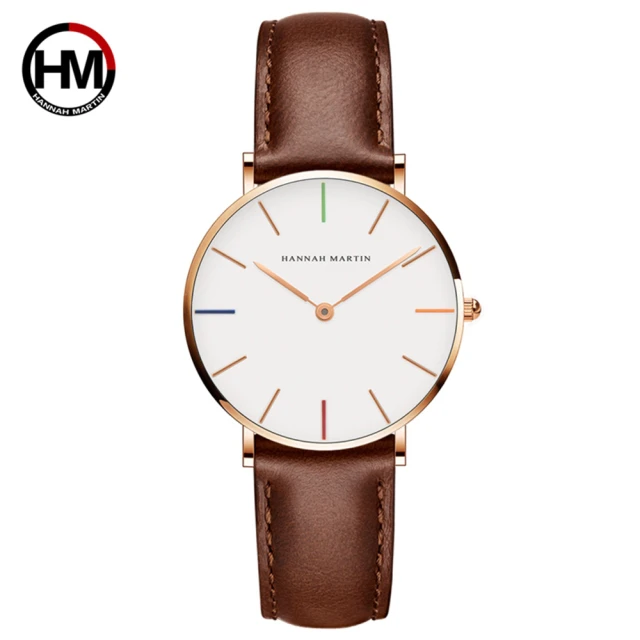 【HANNAH MARTIN】彩色刻度設計感腕錶-金框  皮帶-36mm(HM-3690-B36-FK)