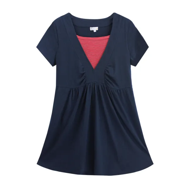 【Gennies 奇妮】棉質V領哺乳上衣-藍/灰(哺乳衣 短袖哺乳衣 假二件 綁帶 下拉哺乳)