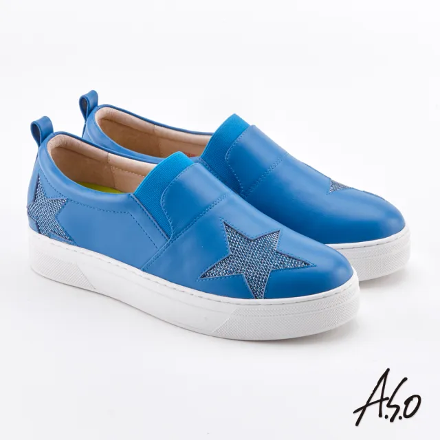 【A.S.O 阿瘦集團】超彈力 星星真皮亮片拼接休閒鞋(藍色)