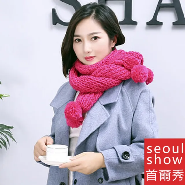 【Seoul Show首爾秀】韓版加厚馬海毛棒針毛球圍巾(男女情侶款)