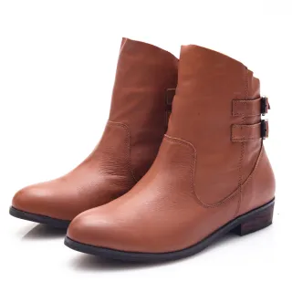 【GMS】牛皮斜口皮帶釦低跟短靴(牛皮棕色/麂皮深咖)