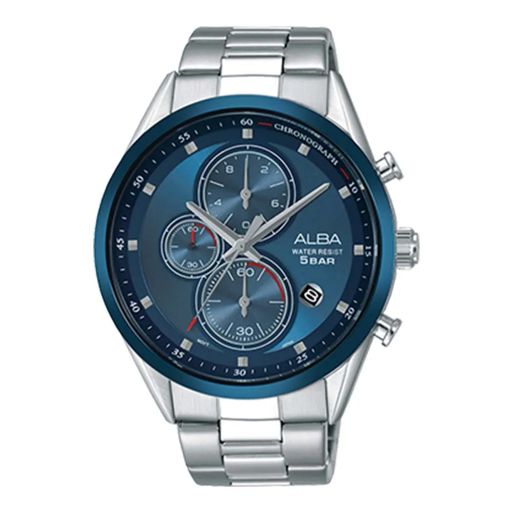 【ALBA】送禮首選 三眼計時男錶 不鏽鋼錶帶 藍 防水50米 日期顯示 分段時間(AM3423X1)