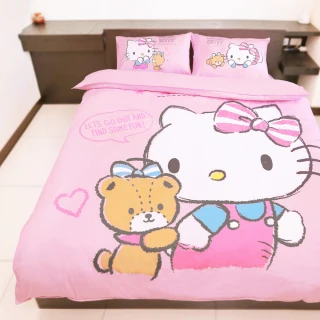 【享夢城堡】精梳棉雙人床包涼被四件組(HELLO KITTY 幸福小熊-粉)
