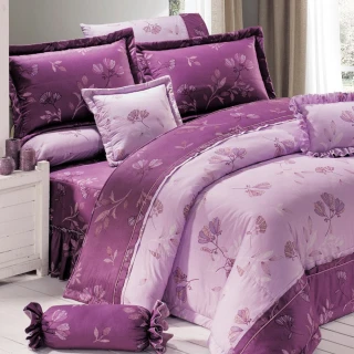 【Green  綠的寢飾】精梳棉植物花卉六件式兩用被床罩組靜待花開紫(加大)