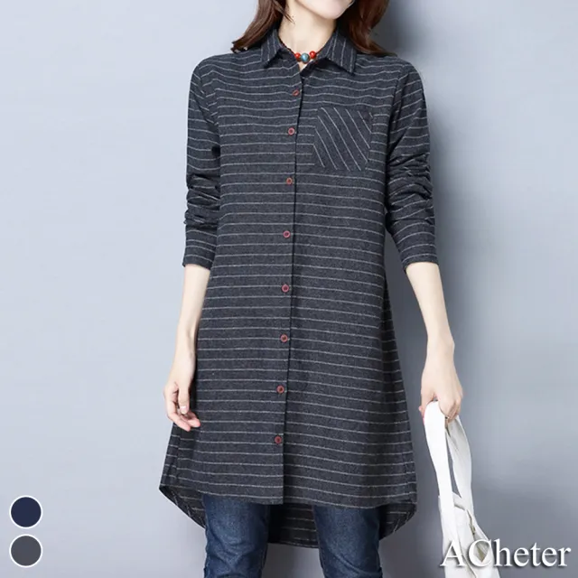 【ACheter】韓版棉質簡約藝術學院風細格長版襯衫#102980+111256(2款任選)