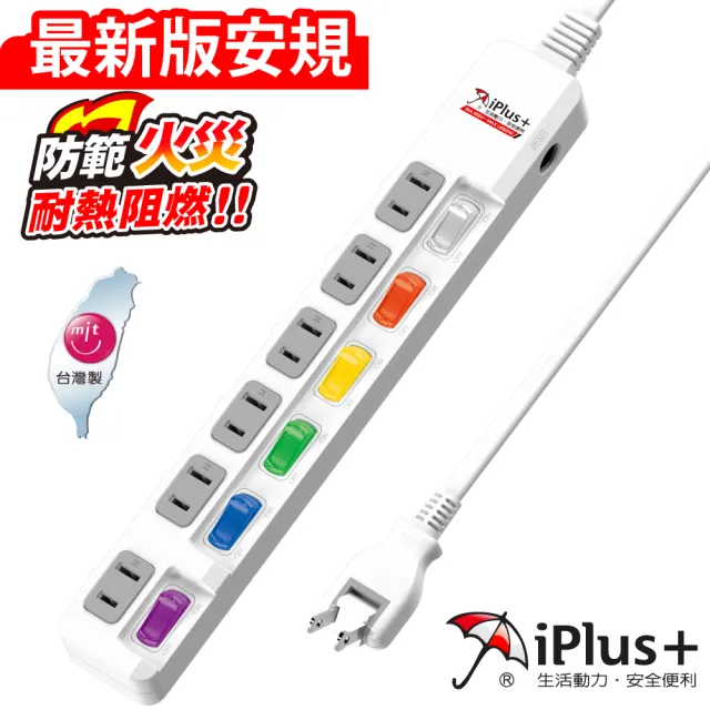 【iPlus+ 保護傘】6開6插防火抗雷擊180度插頭延長線2.7m(PU-2665.台灣製.旋轉插頭)