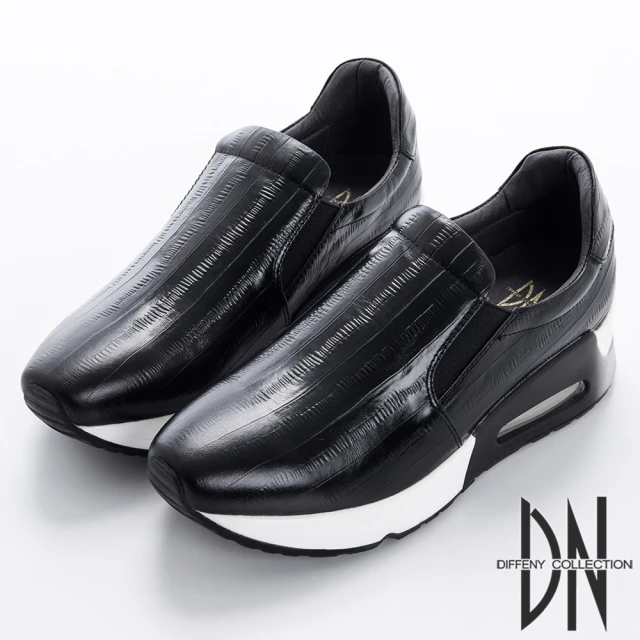 【DN】個性俐落 牛皮壓紋氣墊休閒鞋(黑)