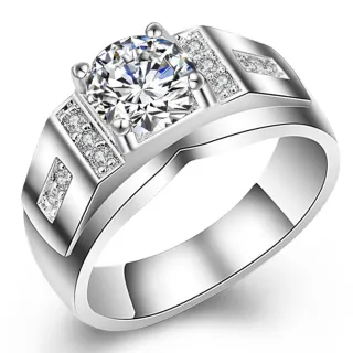 【WINGS】尊爵 進口方晶鋯石精鍍白K金戒指(婚戒 男戒 禮盒 高級 經典 質感 氣質 奢華 送禮)