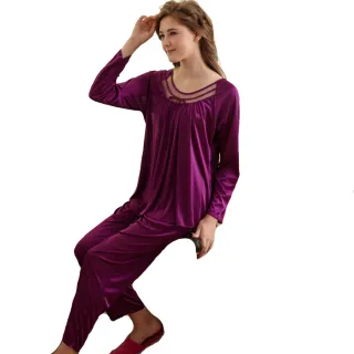 【蕾妮塔塔】彈性珍珠絲質 長袖兩件式睡衣 台灣製造(R57203-18葡萄紫)