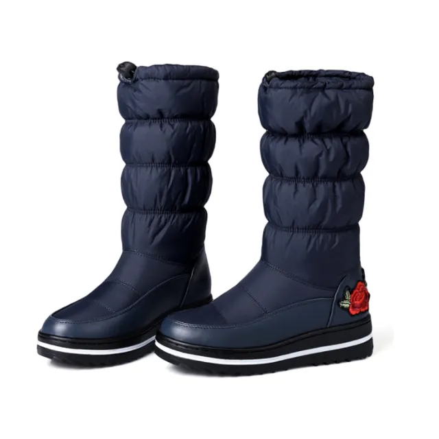【Taroko】秋冬優雅保暖羽絨繡玫瑰防潑水中筒靴(黑色藍色2色可選)