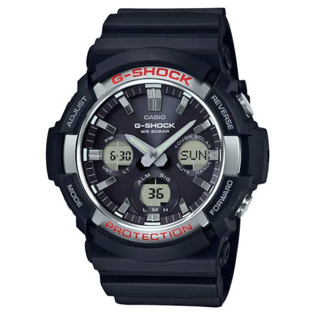 【CASIO 卡西歐】G-SHOCK 太陽能雙顯男錶 樹脂錶帶 黑 防水200米 世界時間(GAS-100-1A)