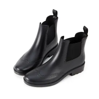 【HERLS】側鬆緊切爾西雕花短筒防水雨靴(黑色)