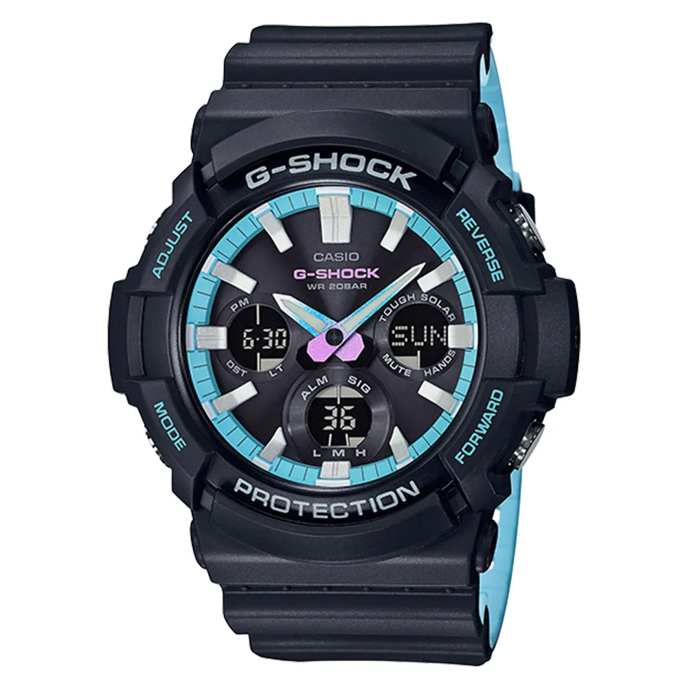 【CASIO 卡西歐】G-SHOCK雙顯男錶 樹脂錶帶 深灰Ｘ霓虹藍 太陽能電力 防水200米 世界時間(GAS-100PC-1A)