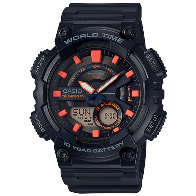 【CASIO 卡西歐】電子錶 雙顯男錶 樹脂錶帶 防水100米 電話簿記錄 世界時間(AEQ-110W-1A2)