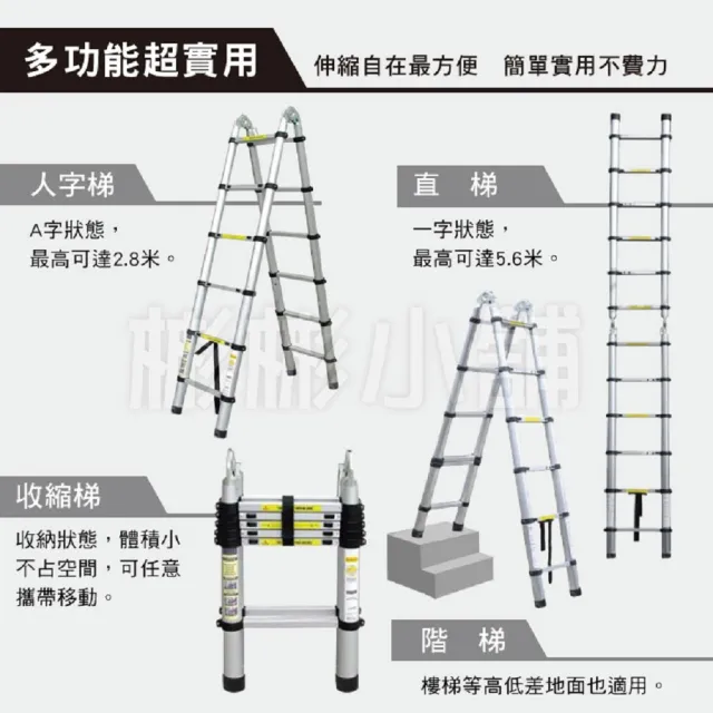 【彬彬小舖】2.8+2.8M 鋁合金多功能伸縮梯(免安裝/樓梯/工作梯/A字梯/人字梯/摺疊梯/鋁梯)