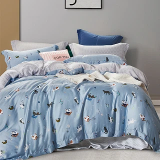 【貝兒居家寢飾生活館】100%天絲四件式全鋪棉兩用被床包組 快樂時光藍(加大)